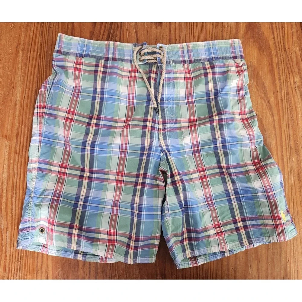 Polo Ralph‎ Lauren Blue Green Plaid Swim Trunks Shorts Mesh Yellow Pony Lrg Vtg